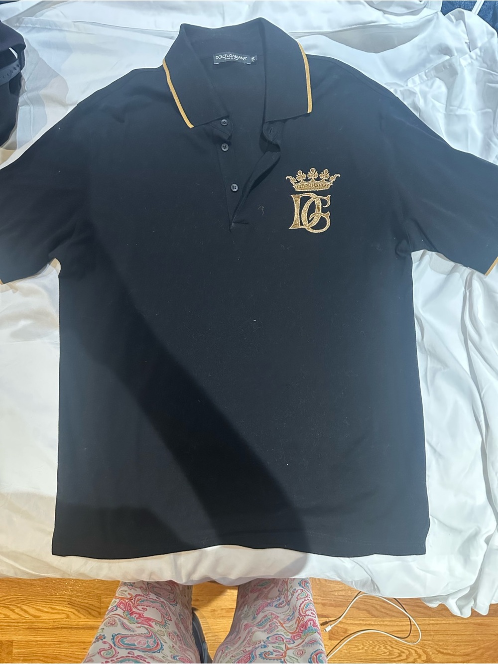 Dolce & Gabbana Black Polo with Gold Crest Embroidery